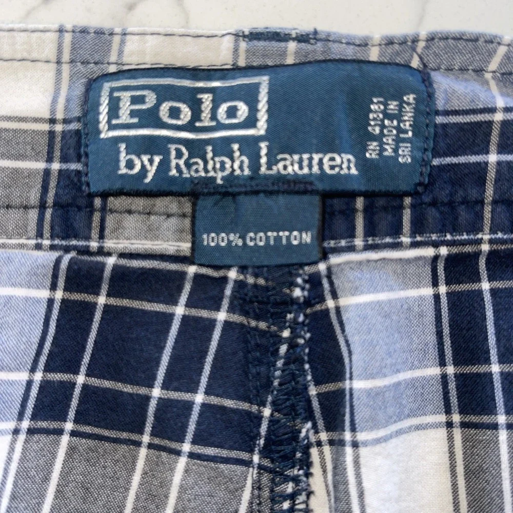 VTG Polo Ralph Lauren Shorts Mens 42 Blue Plaid‎ Cargo Preppy 90s Y2K Classic